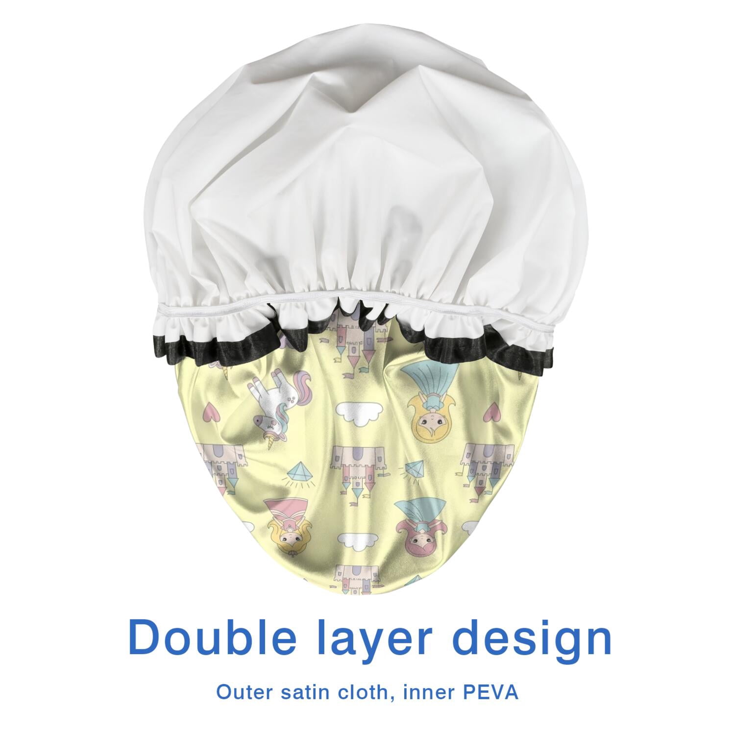 Shower Caps,Yellow Princess Unicorn Pattern Waterproof Shower Cap for Women 4 Pieces,Double Reusable Hair Cover for Shower PEVA Elastic Stretch Hem