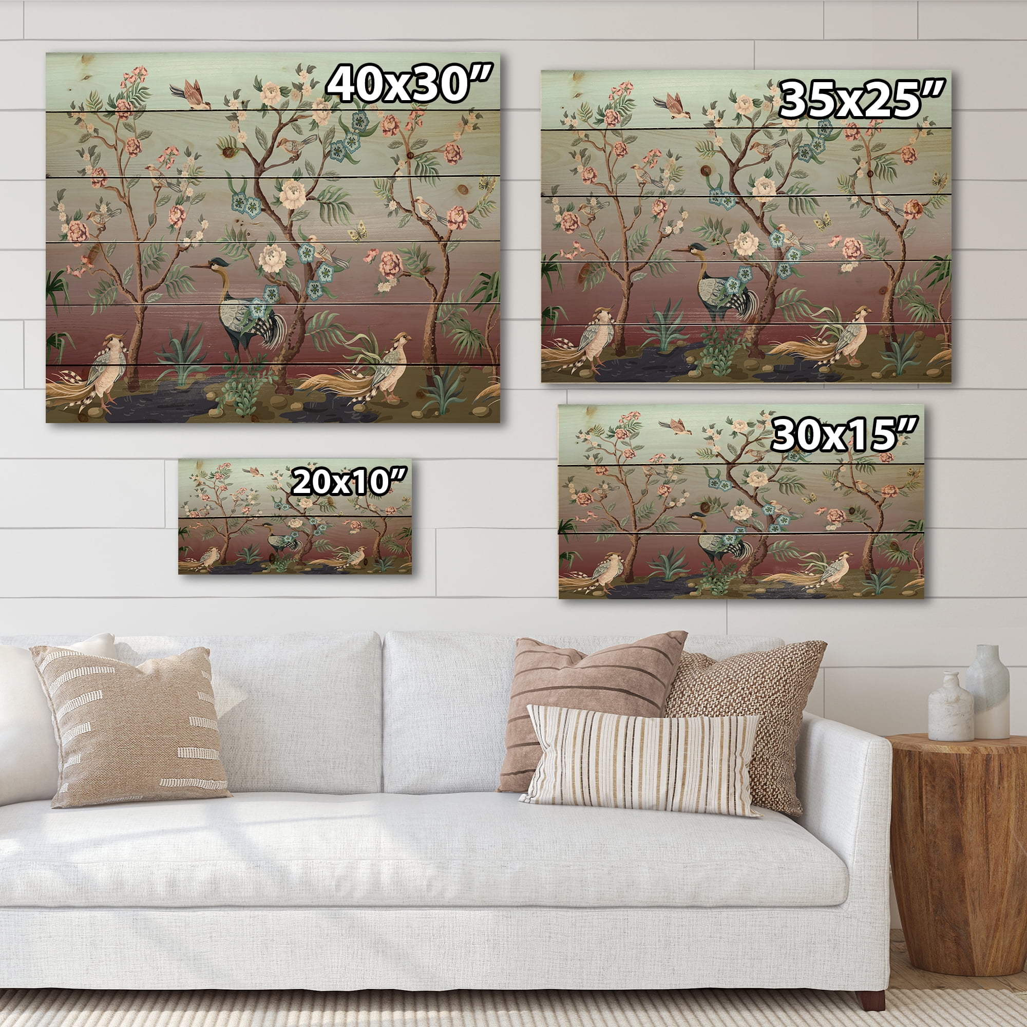 Designart 'Chinoiserie With Peonies and Birds XI' Traditional Print on Natural Pine Wood