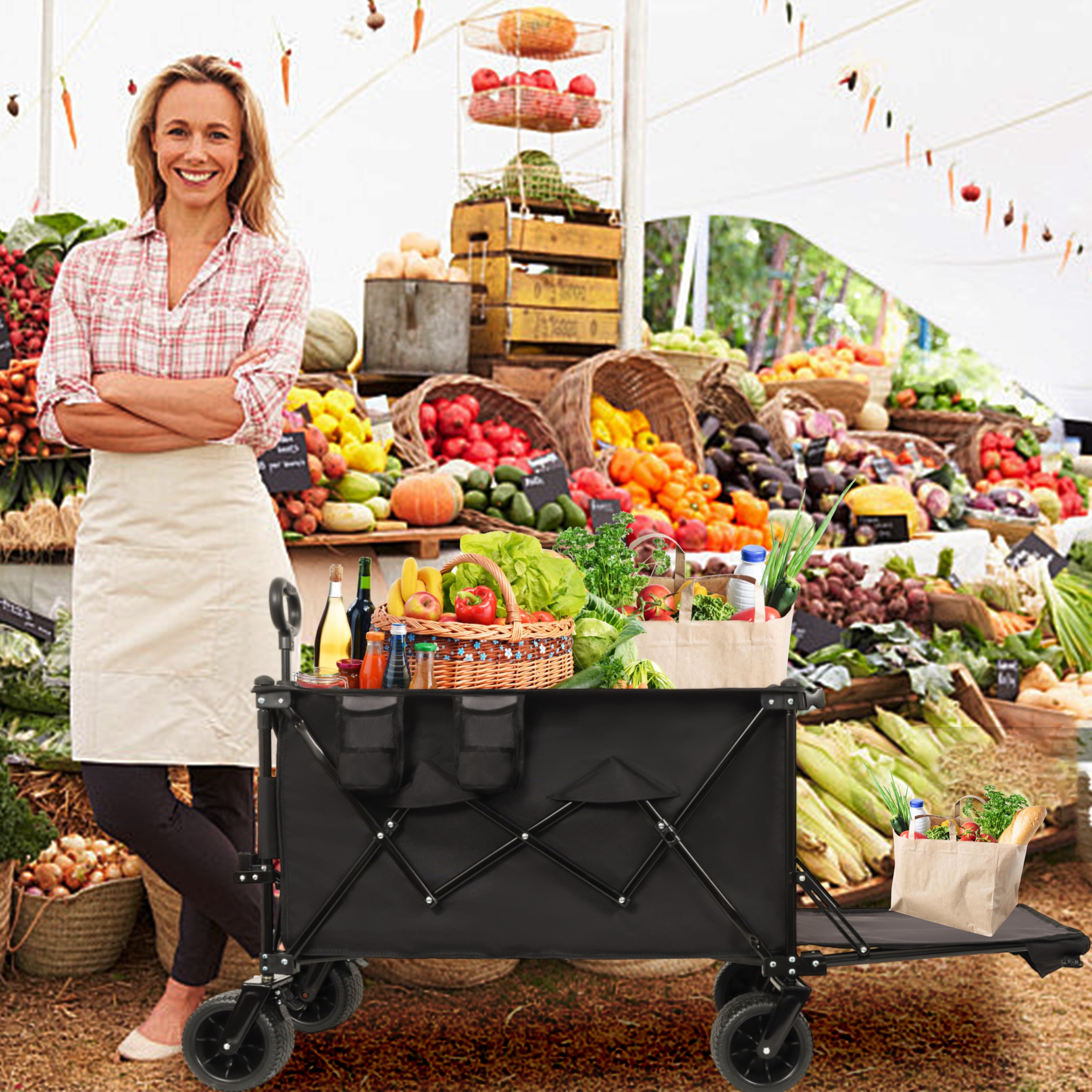 Foldable Wagon with Extended Tailgate, 480LBS Heavy-Duty All-Terrain Cart, Large Beach Wheels, Expandable Utility Wagon for Outdoor Activities