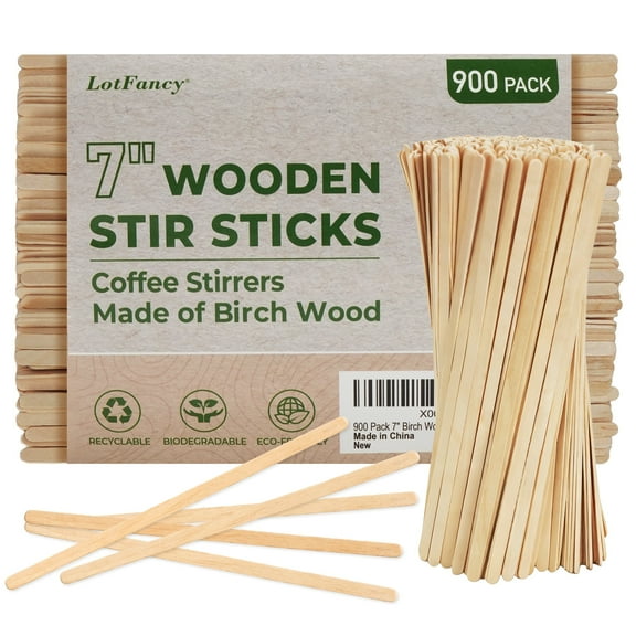 LotFancy 7" Wood Coffee Stirrers, Birchwood Stir Sticks for Cocktails, Beverage, 900 Pack