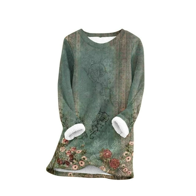 LMKIHUSA Chandails en Molleton Sherpa Boho pour Femmes, Imprimé Graphique Rétro, Chandail à Enfiler Décontracté Doublé en Molleton, Hauts Confortables à Manches Longues, Coupe Ample, Tenue de Détente 2025 Vert, TG