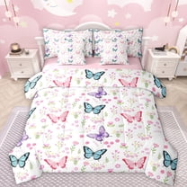 Manfei Cute Butterflies 7-Piece Twin Bedding Sets,Flying Animal Bedding Comforter Set,Pink White Cyan Sheet Sets For Girls Kids,Super Cozy Room Decor Reversible