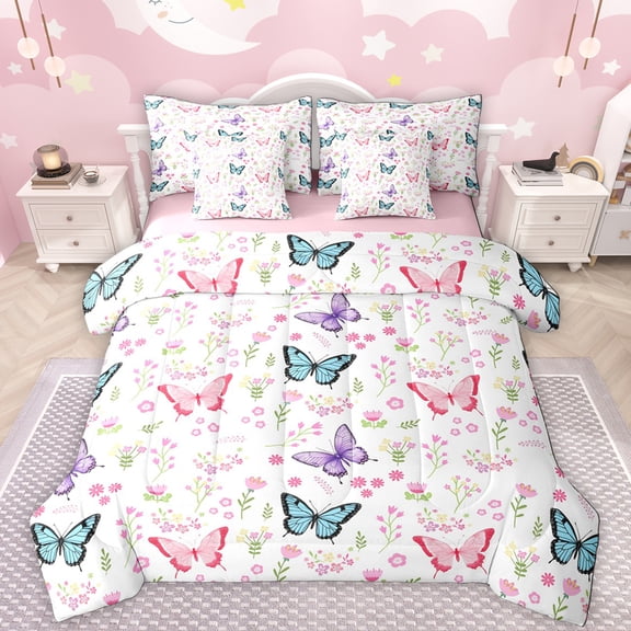 Manfei Cute Butterflies 7-Piece Twin Bedding Sets,Flying Animal Bedding Comforter Set,Pink White Cyan Sheet Sets For Girls Kids,Super Cozy Room Decor Reversible