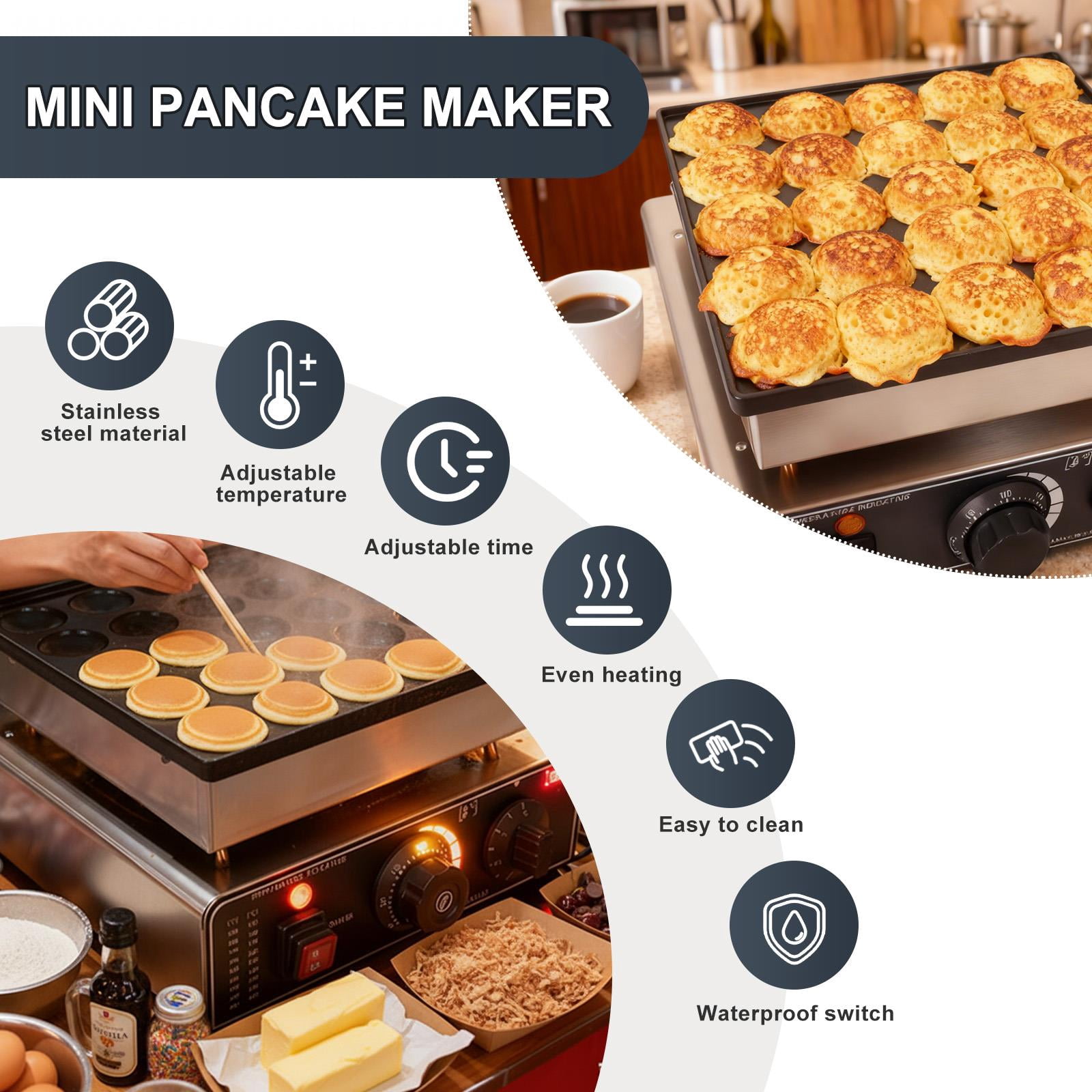 QUHEE 110V Mini Pancake Baker, 25 PCS 900W Commercial Electric Nonstick Waffle Maker Machine, 1.6 Inches Pancake Maker with  Thermostats &  Timers Separate Control, for Home and Restaurants