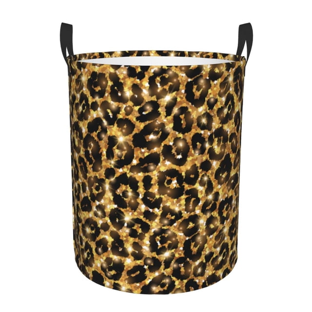 Balery Gold Glitter Leopard Cesta de ropa redonda con asas, impermeable, independiente, para ropa, juguetes, dormitorio y familia-Small