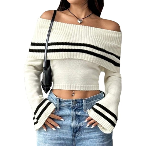 Womens Off One Shoulder Sweater Tops Summer Long Sleeve Stripe Casual Loose Knit Trendy Going Out Tops White L