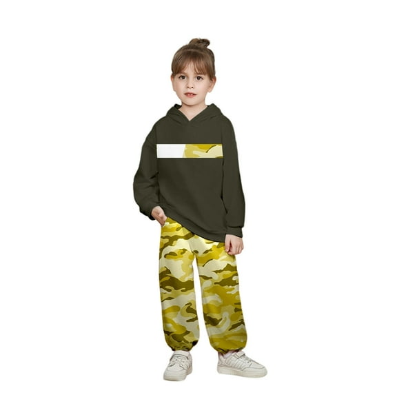 Girls Outfit Set Long Sleeve Oversized Hooded Sweatshirt Camo Print Pants Children Sports Loose Autumn Outfits