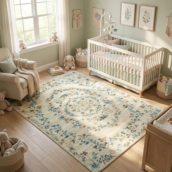 Area Rug 10x13 Rugs for Living Room Modern Floral Rug Washable Rugs Non Slip Stain Resistant Floral Throw Carpet Low Pile Folding Floor Cover for Farmhouse Dining Room Dorm,Beige
