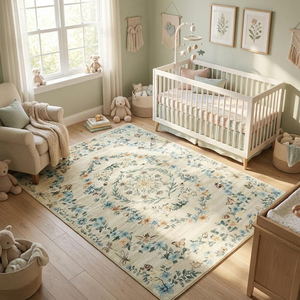 Area Rug 10x13 Rugs for Living Room Modern Floral Rug Washable Rugs Non Slip Stain Resistant Floral Throw Carpet Low Pile Folding Floor Cover for Farmhouse Dining Room Dorm，Beige