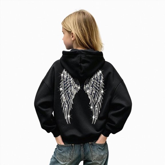 Linfrsh Girls Sequin Angel Wings Hoodies Trendy Long Sleeve Hooded Baggy Drawstring Sweat Fashion Casual Pullovers With Pockets(Black,4-5 Years)