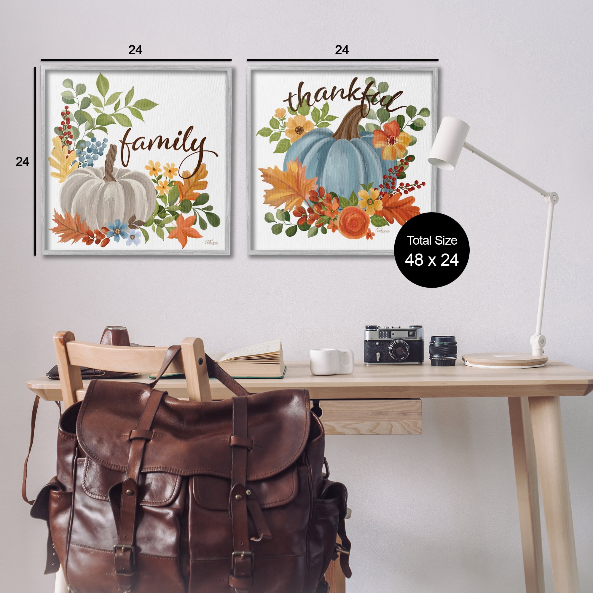 Stupell Industries Family Thankful Fall Pumkin Botanical & Floral Painting Gray Framed Art Prints Wall Art, 24 x 24, Set of 2