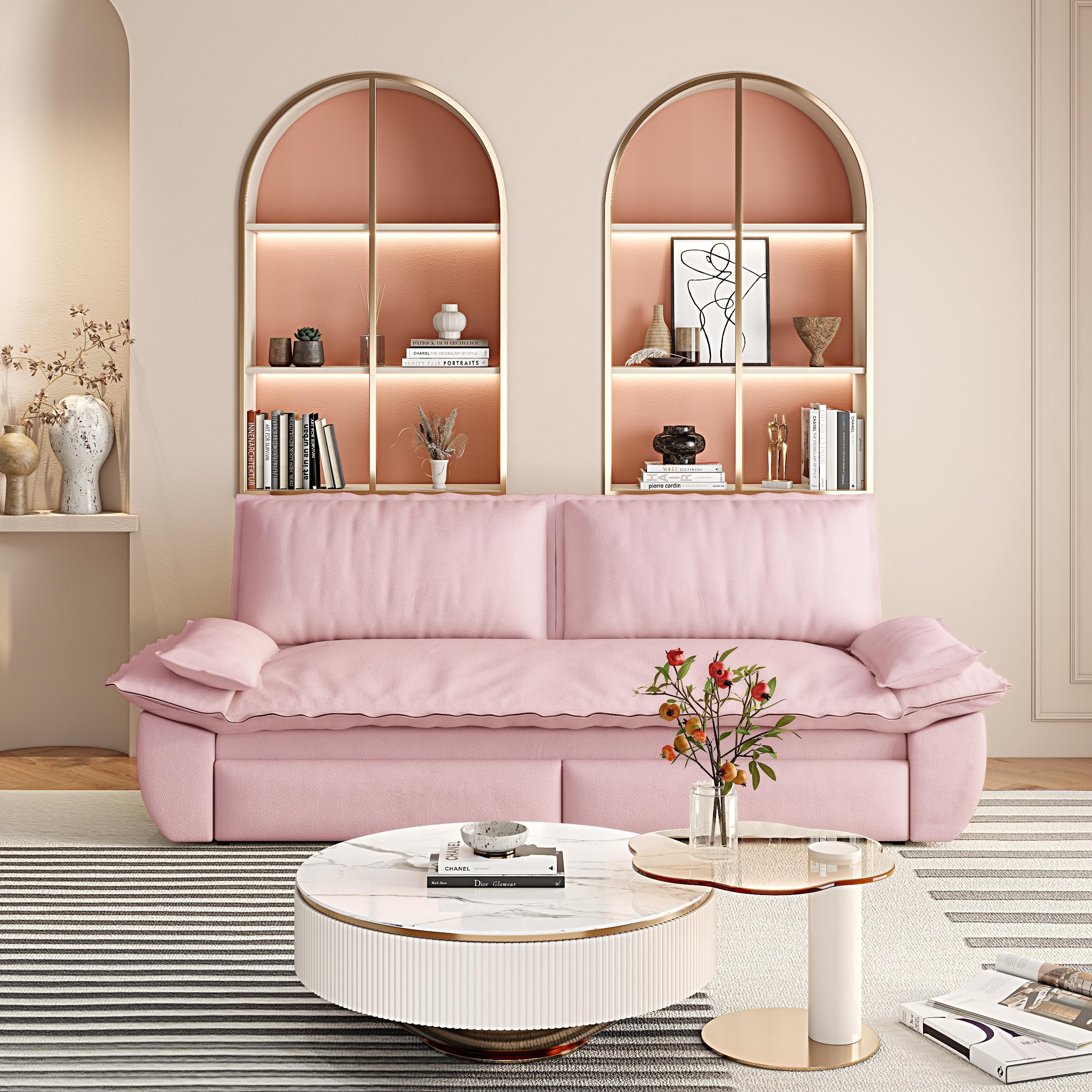 73.2-inch Queen Pull Out Sofa Bed, 3-in-1 Convertible Sleeper Sofa with Velvet Upholstery, Multi-Functional Loveseat Bed for Living Room and Guest Room, Pink