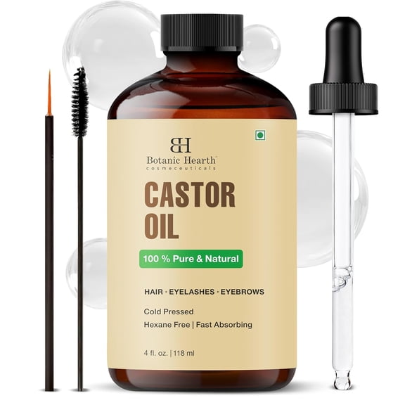 Botanic Hearth Castor Oil (4 fl oz) | 100% Pure & Hexane Free | Cold Pressed | Promotes Growth for Eyelashes, Eyebrows & Hair | Includes Eyebrow & Eyelash Brush