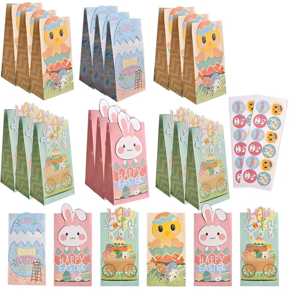 Easter Gift Bags, Paper Bags Bulk, with Easter Stickers, Treat Bags, Goodie Bag Party Supplies for Classrooms, Party Favors