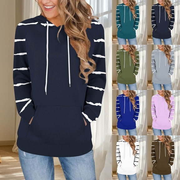 CFLVAEK Cute Hoodies for Women Striped Long Sleeve Hooded Pullovers Casual Drawstring Hoodie Sweatshirts with Pockets Fall Fashion Clothes 2025 Gray S