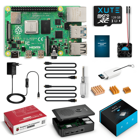 Xute Raspberry Pi 4 Model B 8GB Starter Kit, 128GB Micro SD Card, 5.1V 3A USB-C Power Supply with Switch On/Off, PC/ABS Case, Cooling Fan, 2 Micro HDMI Cables for Raspberry Pi 4B