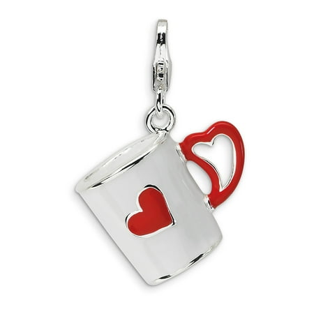 Sterling Silver 3-D Enameled Coffee Cup with Heart w/Lobster Claw Clasp Charm