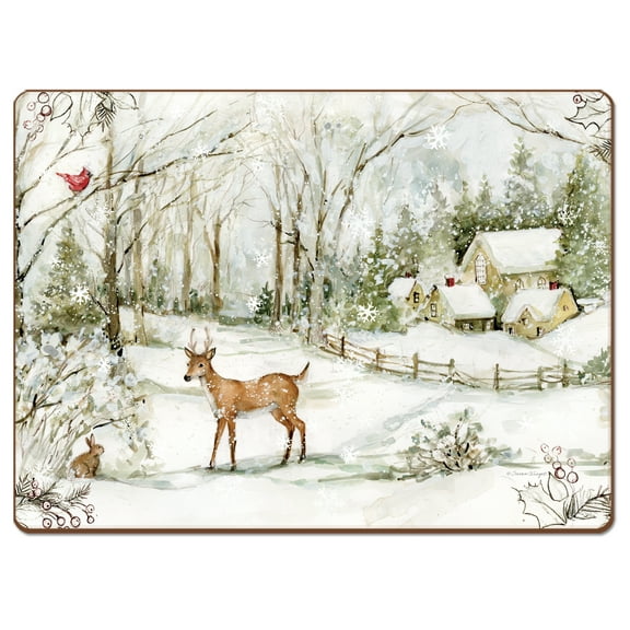 Cala Home "Winter Forest Deer" Premium Decorative Hardboard Cork Back Tabletop Placemats 4 Pack