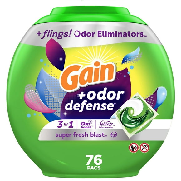 Gain Flings Laundry Detergent Pacs with Odour Defense, Super Fresh Blast Scent, HE 3in1 Detergent Pacs with Febreze and Oxi, 76CT