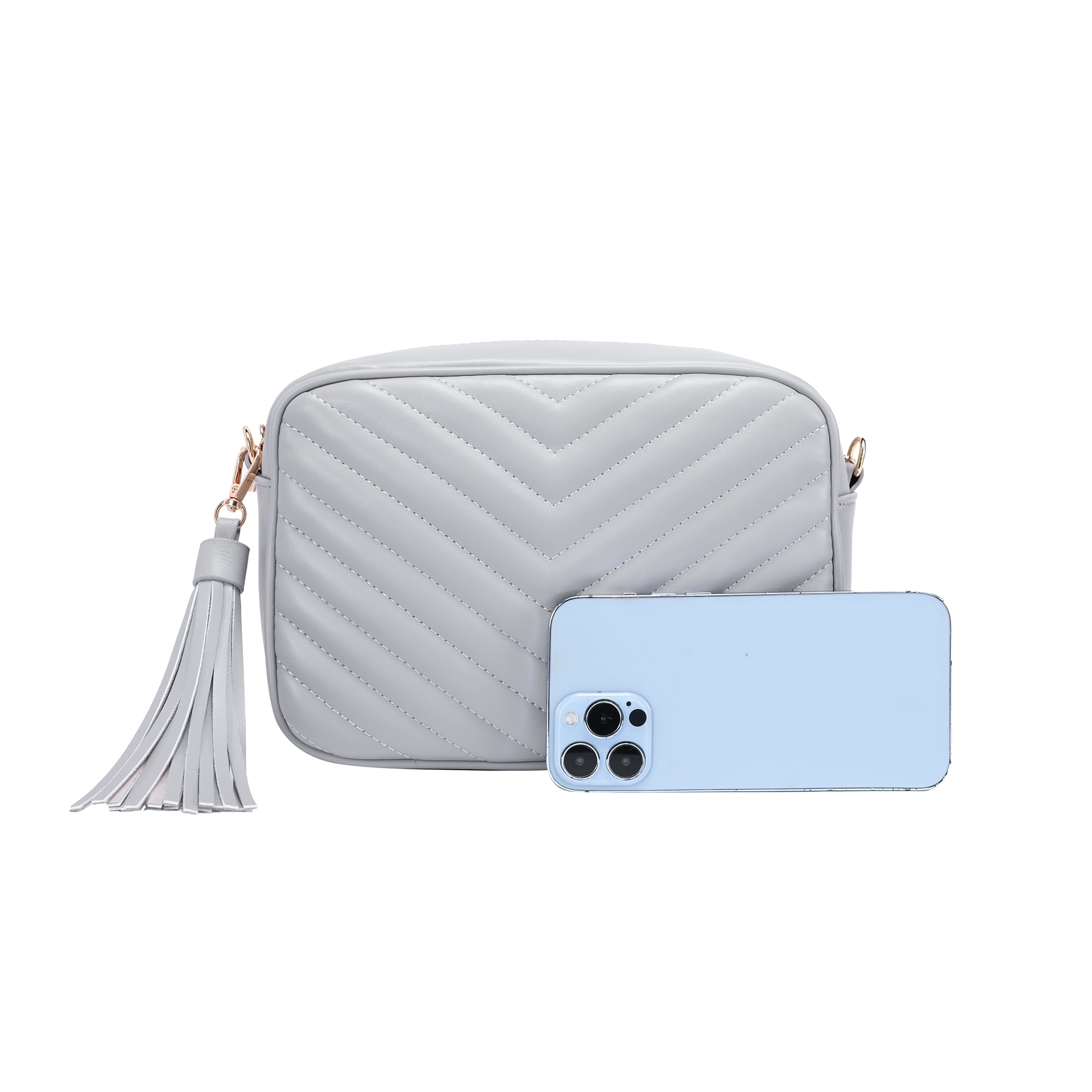 Daisy Rose Quilted Cross body bag with tassle - PU Vegan Leather - Grey