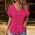 thumbnail image 2 of Staron Women's Casual V-Neck Button-Up Short Sleeve Shirt Jacket Loose Comfy Blouse with Pockets Vintage Fashion Top, Hot Pink L, 2 of 7