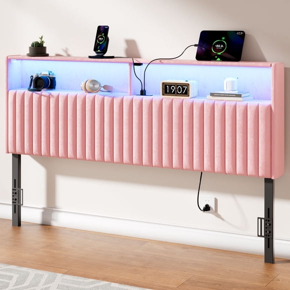 Greenstell King Size Adjustable Storage Headboard Only - Modern Upholstered Head Board with LED Lights, Charging Station & Soft Padding, Pink