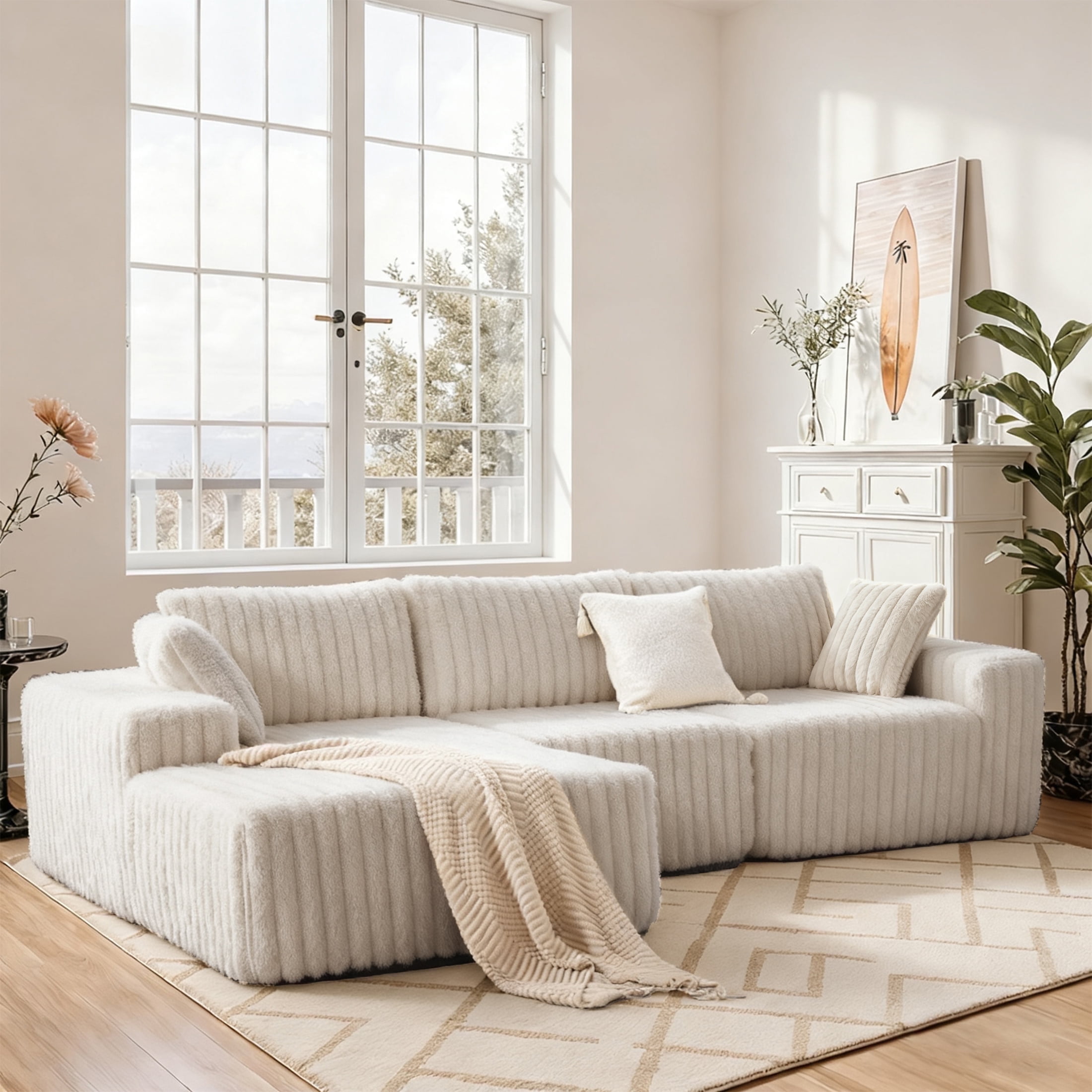 Techmilly 113” Cloud L-Shaped Sectional Couches,Modular Sofa with Deep Seat, Sponge Compression Sofas,Modern Modular L-Shape Sofa Couch with Chaise for Living Room Bedroom (White, Left Facing Chaise)