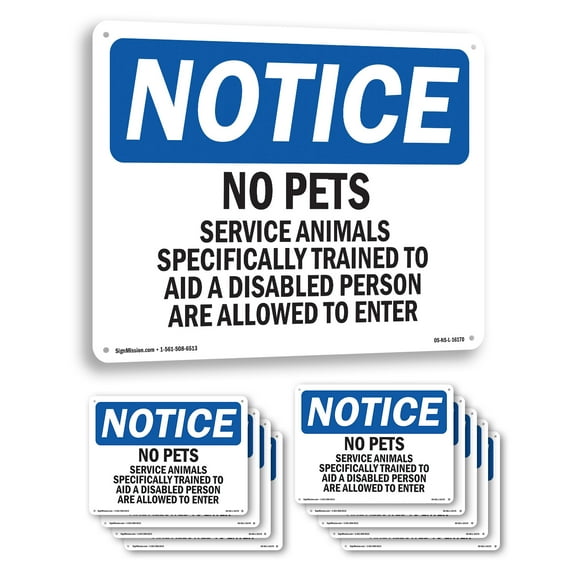 No Pets Service Animals Allowed OSHA Notice Rigid Plastic Sign 14 Inch x 10 Inch - 10 Pack