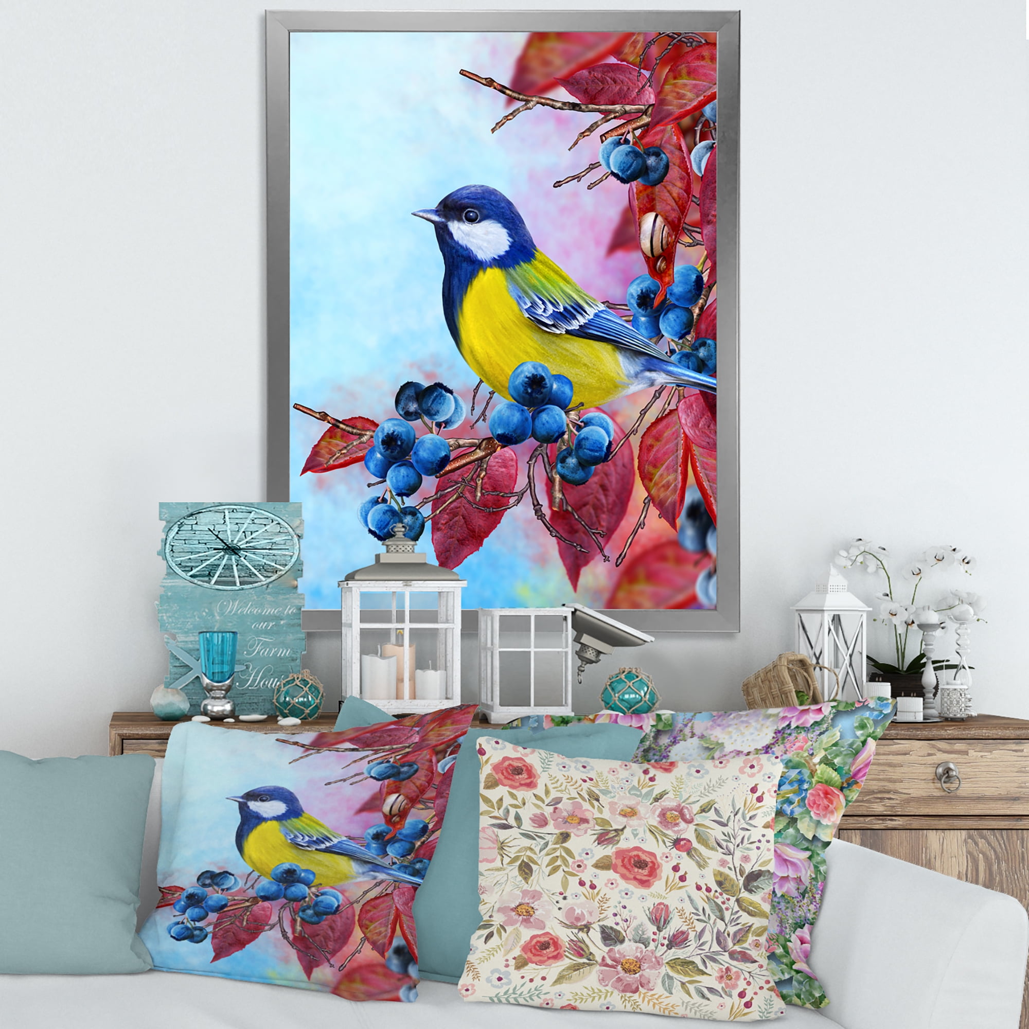 Designart 'Bright Bird Bullfinch Sitting On A Branch of Berries II' Traditional Framed Art Print