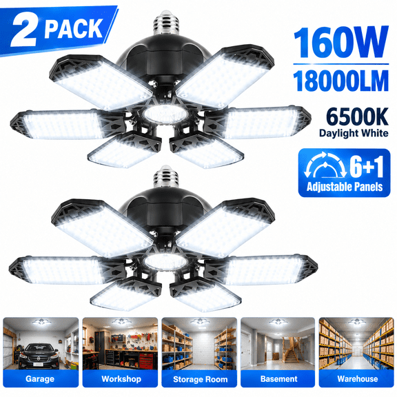 Crislove 2-Pack LED Garage Ceiling Lights, 18000LM 6500K Deformable 6 1 Panel Garage Light Bulbs, E26/E27 Socket Shop Lights for Garage, Workshop, Basement