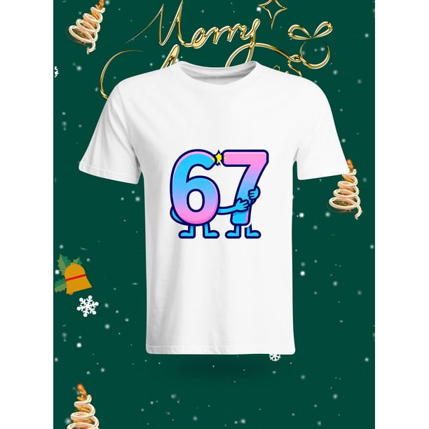 Fashion Simple Number 67 Printed White T-shirt Casual Versatile Men and Women Same Style Comfortable Short-sleeve Top This white T-shirt features a bold purple number 67 print, exuding a simple and s