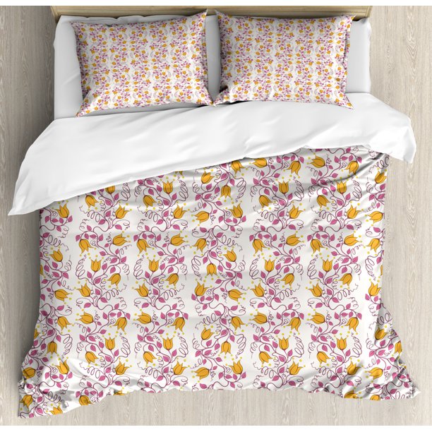 Floral Duvet Cover Set King Size, Demonstration of Summer Flowers