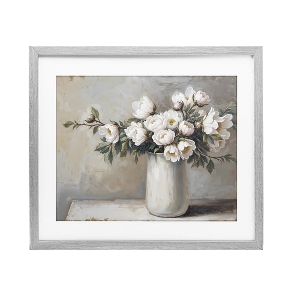 White Flowers in Vase Still Life Gray Framed Print Under Glass, design by Lettered and Lined