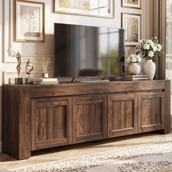 70 Inch TV Stand with Storage Doors for up to 80" TVs, Dark Walnut Farmhouse Entertainment Center with Shelves, Media Console Table with Cable Holes for Living Room
