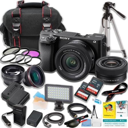 Sony a6400 Mirrorless Camera International Version (No Manufacturer Warranty) w/ 16-50mm Lens   2×64GB Ultra Cards   LED Light   Tripod (21-Pc Bundle)