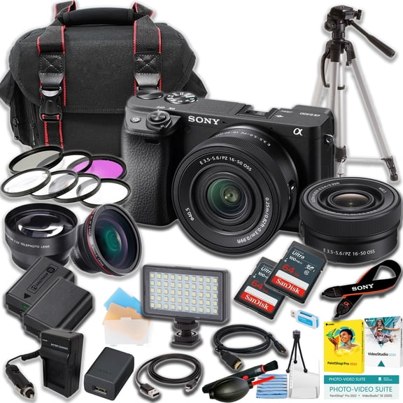 Sony a6400 Mirrorless Camera International Version (No Manufacturer Warranty) w/ 16-50mm Lens 2×64GB Ultra Cards LED Light Tripod (21-Pc Bundle)