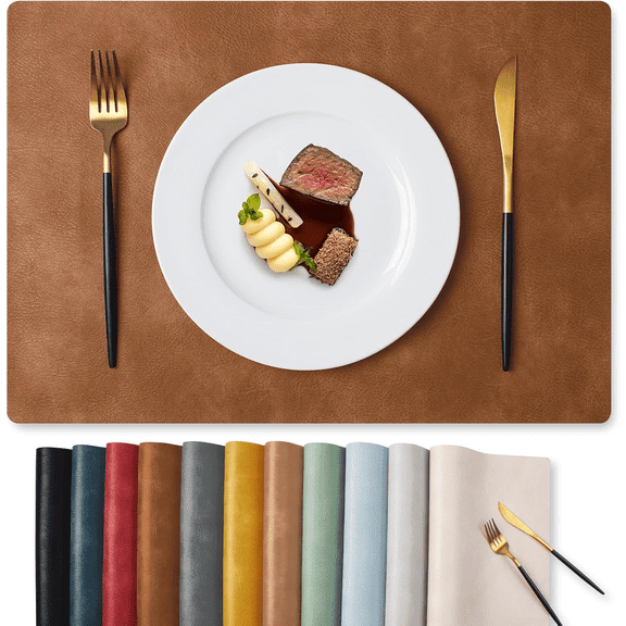 JOWBOOW 6-Piece Faux Leather Placemats Set, 100% Waterproof & Oil-Proof Wipeable Table Mats, Heat Resistant, 12"x17", Brown