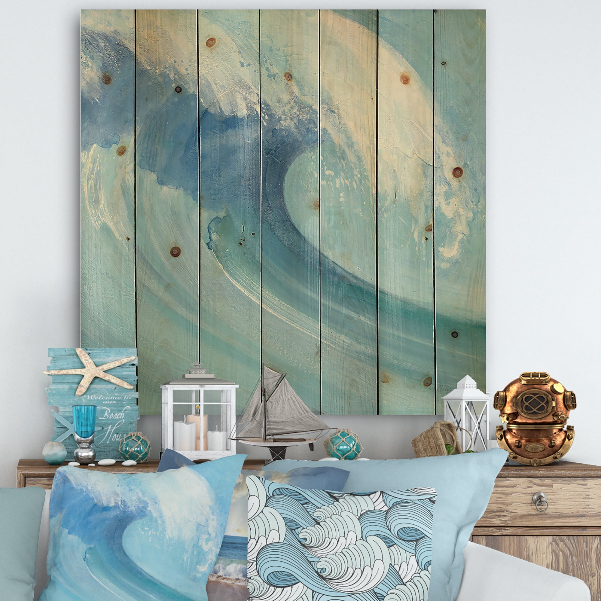 Designart 'Ocean Wave Handpainted with White Foam' Nautical & Coastal Print on Natural Pine Wood
