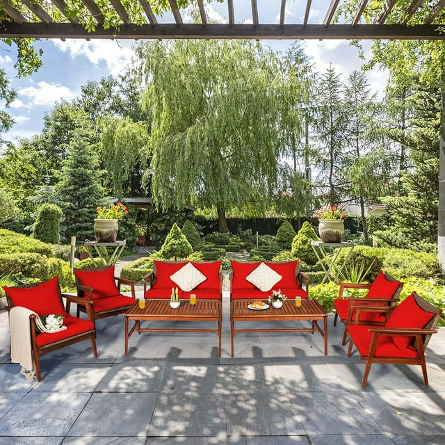 Costway 8PCS Patio Rattan Furniture Set Acacia Wood Frame Cushioned Sofa Chair Red