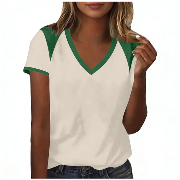 GUACER Short Sleeve Shirts for Women Casual V Neck Color Block Shoulder Tee Tops Loose Fit Summer Blouses