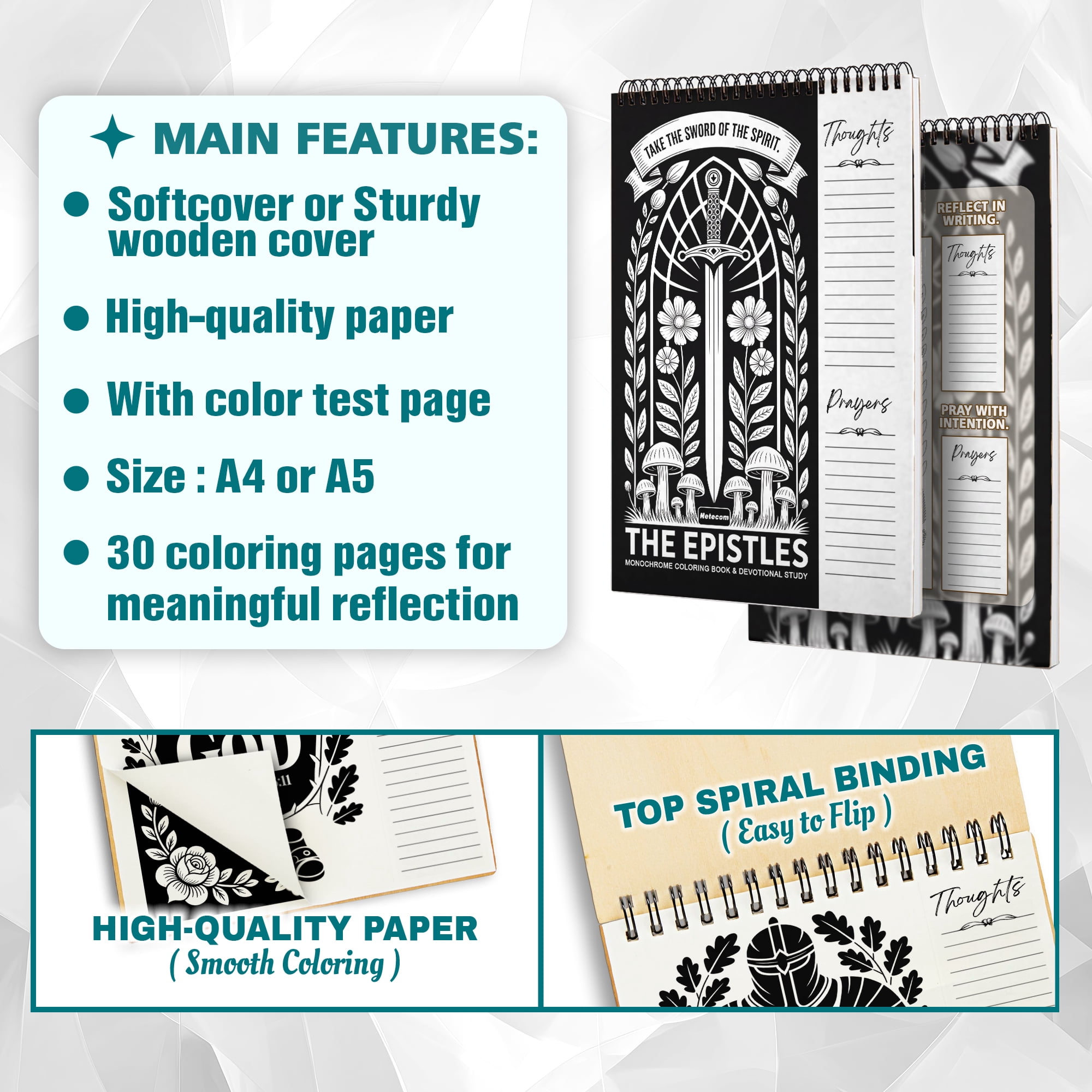 The Epistles Monochrome Coloring Book for Adults, 30 Minimalist Scripture Art Pages with Reflection & Prayer Space, Spiral Bound, A4 or A5 Softcover or Wood Cover