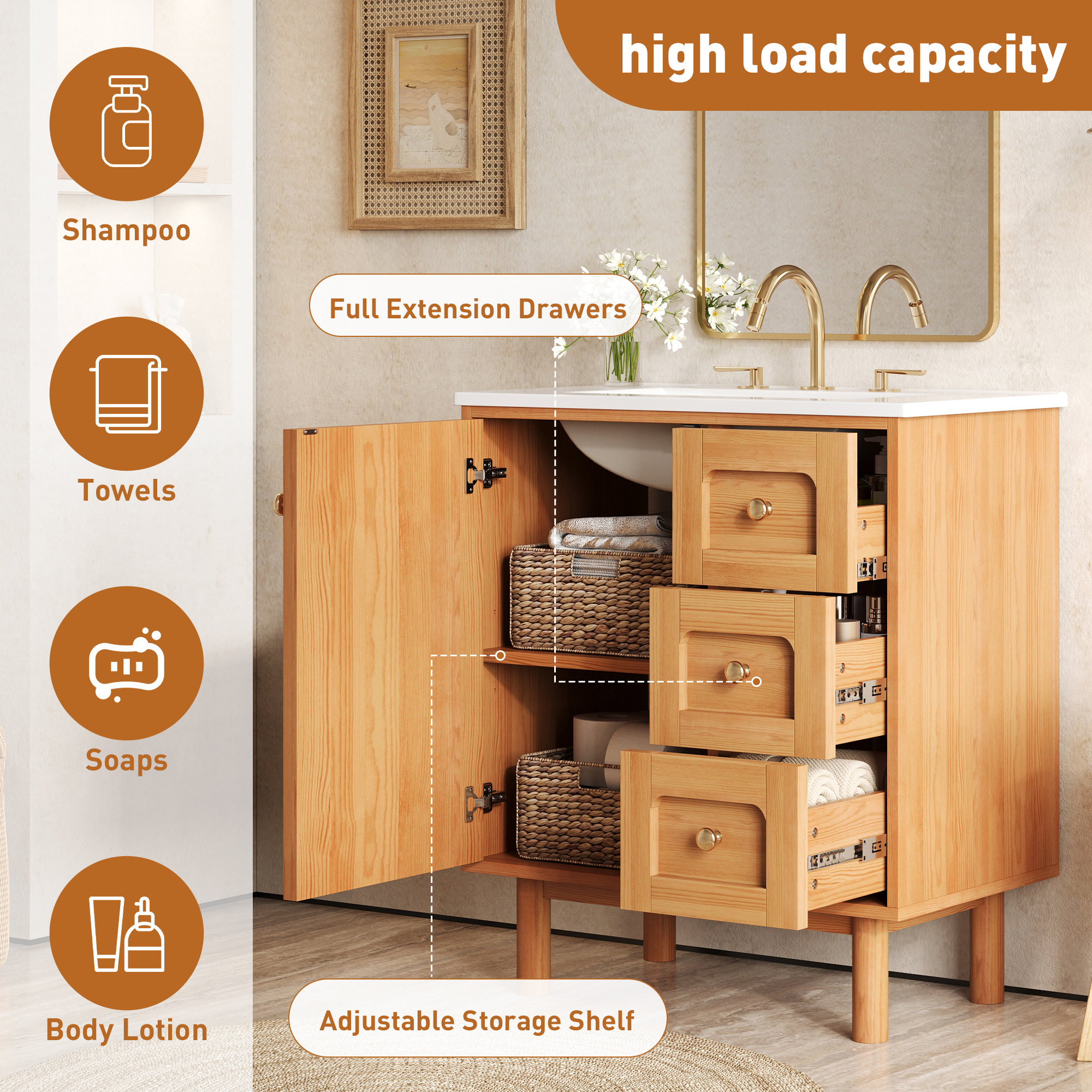 Euroco 30 Inch Bathroom Vanity with Ceramic Sink, Bathroom Vanity with 3 Drawers, 1 large Soft Closing Door, Farmhouse Bathroom Storage Cabinet , Ideal for Home