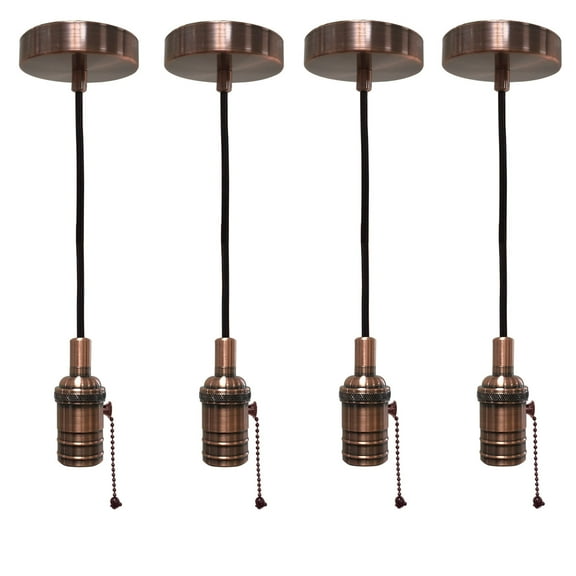 Royal Designs Vintage-Style Antique Copper Pull Chain Pendant Light Socket and Canopy with Brown Rayon Fabric Cord, Set of 4
