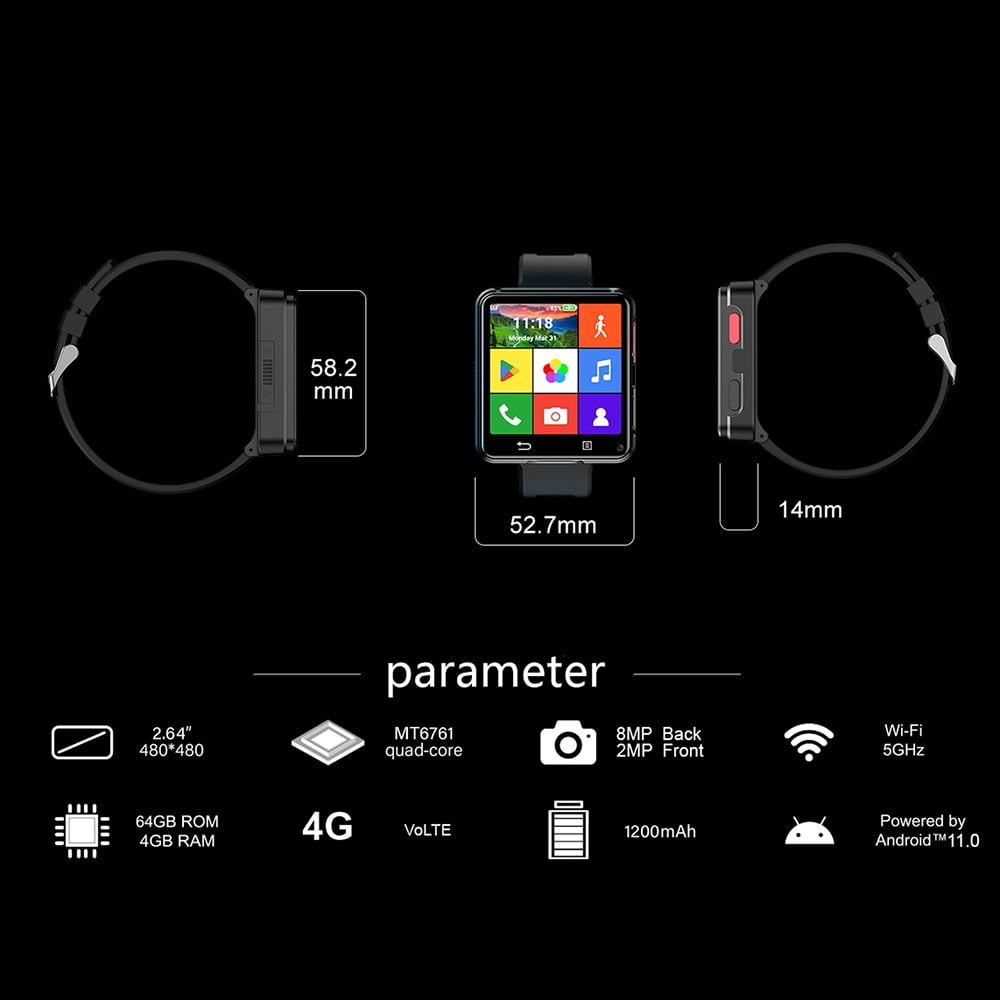 Rainbuvvy 4G Android Smart Watch 2.64 Inch Single SIM Card MTK6761 4GB 128GB GPS Bluetooth 5.0 Built-in Android 11.0 WIFi Dual Camera 2MP/8MP Compass Function 1200mAh type-c sports watch