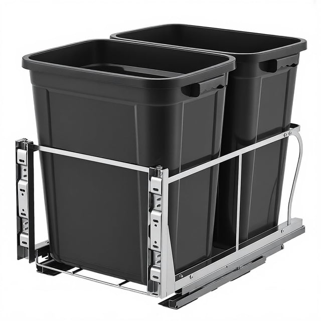 Pull Out Trash Can Under Cabinet,40 × 2 QT Under Sink Garbage Waste Recycling Bin,Under Mount Waste Container with Adjustable Sliding Track, Includes Garbage Bins