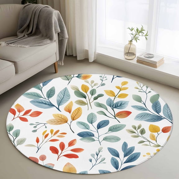 Round Rugs 3Ft, Colorful Botanical Round Area Rug Washable Indoor Throw Carpet, Pastoral Country Summer Leaves Small Non Slip Circle Rug for Bedroom Living Room Home Decor Aesthetic