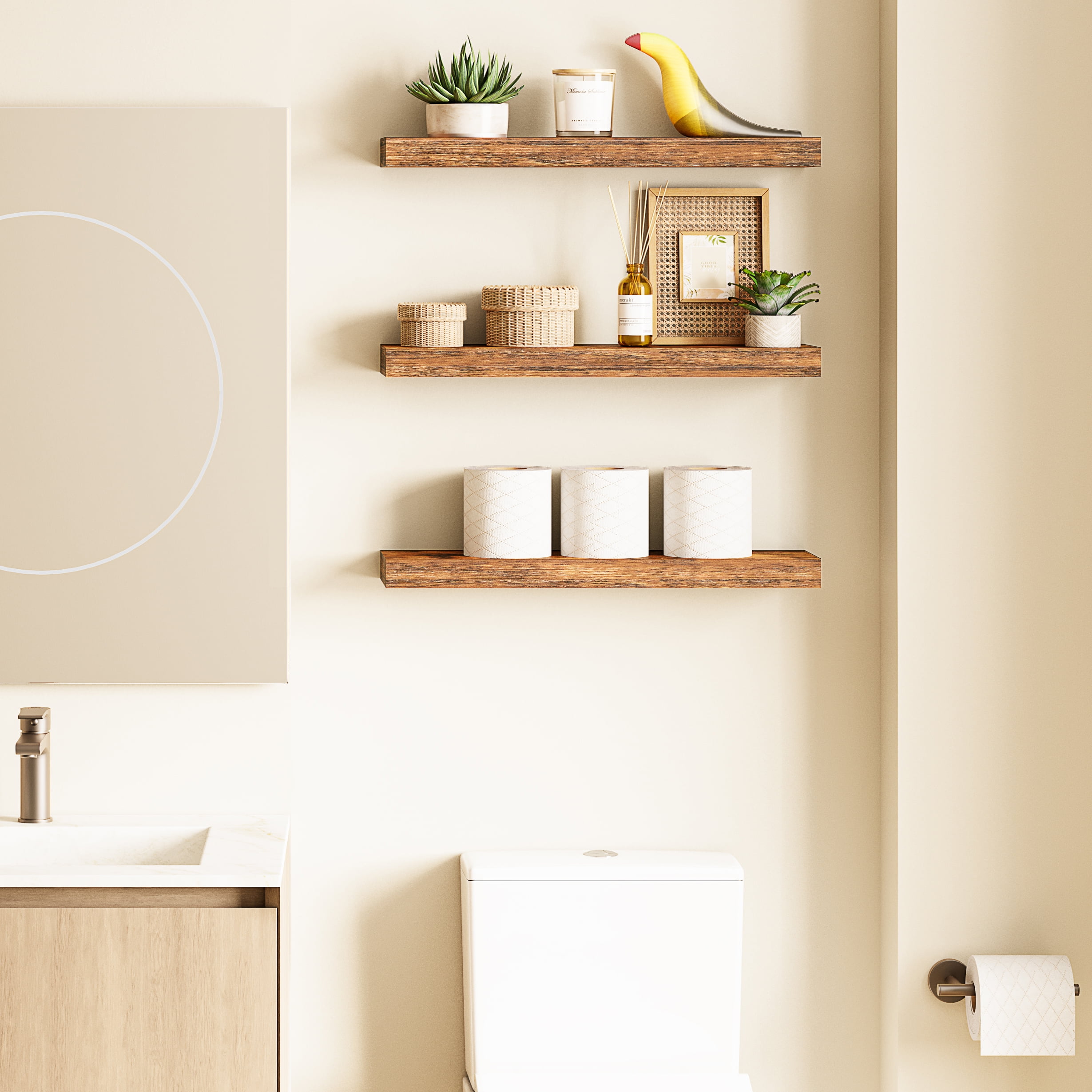 Ballucci 24" Floating Shelves for Wall, 3-Pack with Invisible Brackets, 6" Deep, Rustic Brown