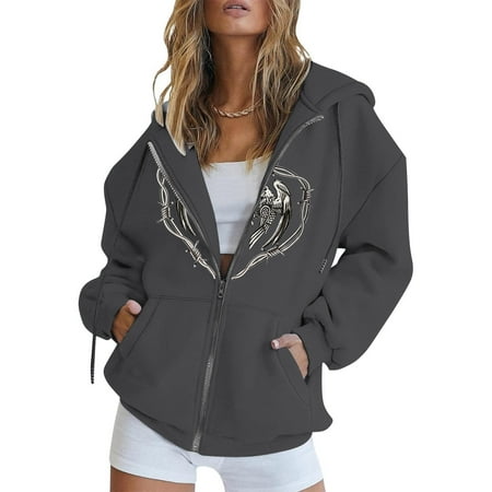 

Trench Coats for Women faux Leather Jacket Women Women s Trendy Casual Print Zip Hood Long Sleeve Pocket Jacket Top Womens Cardigan Clearance Varsity Jacket Women Dark Gray 2XL