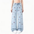 thumbnail image 4 of UAYOTSE Girls Wide Leg Washed Denim Jeans Elastic Back Waist All Over Fruit Embroidery Loose Baggy Trousers,Sizes 7-8 Years, 4 of 7