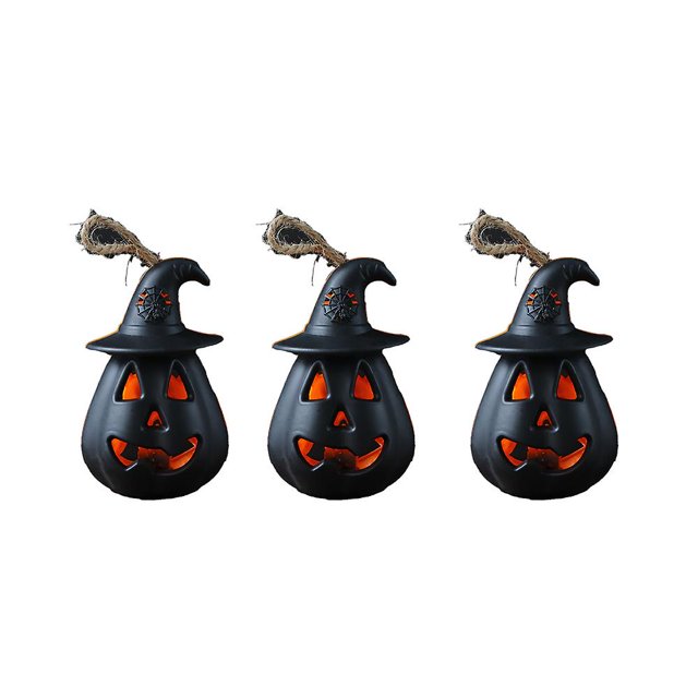 Paquete de 3 luces LED de calabaza de Halloween portátiles con sombrero de bruja y cara de fantasma parpadeantes para decoración de fiestas